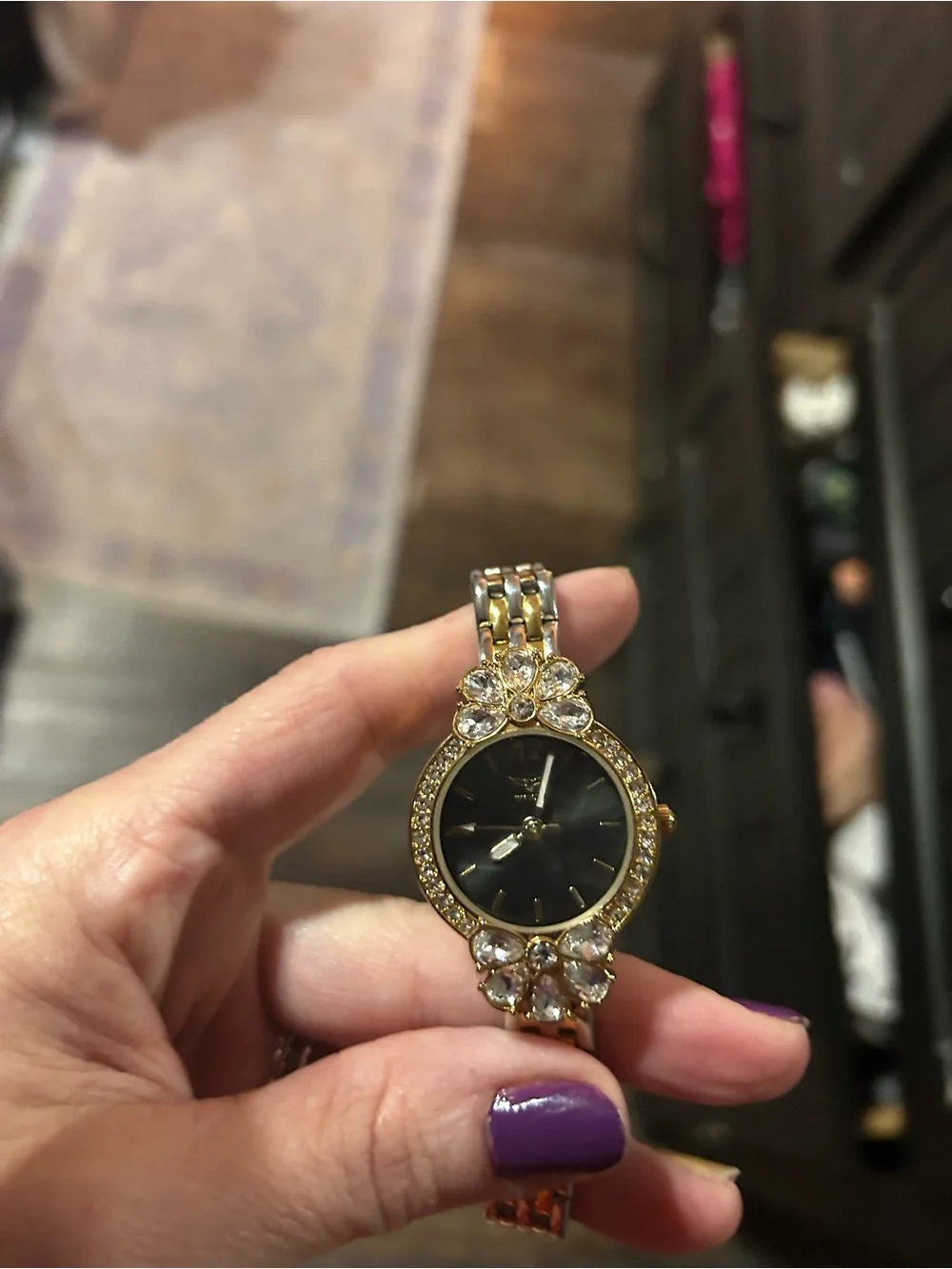 Invicta Gold-Tone Women's Bracelet Watch with Black Dial and Crystal Accents